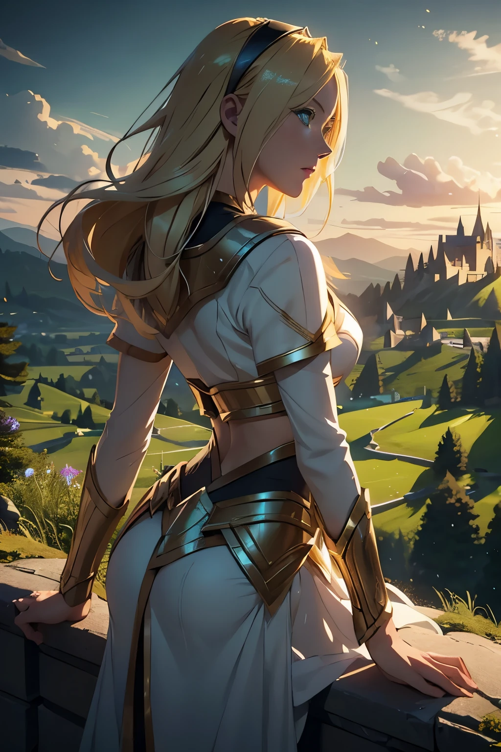 1girl, lux from leagueoflegends, lux lol, blond hair, ultra-detailed hairstyle, green eyes, hair band, face focus, full body shot, from back side, 
beautiful woman perfect detailed face, close-up, cinematic lighting,
Looking at the distant mountain above the old castle, mountain with trees, detailed background,
Shinkai Makoto style, 