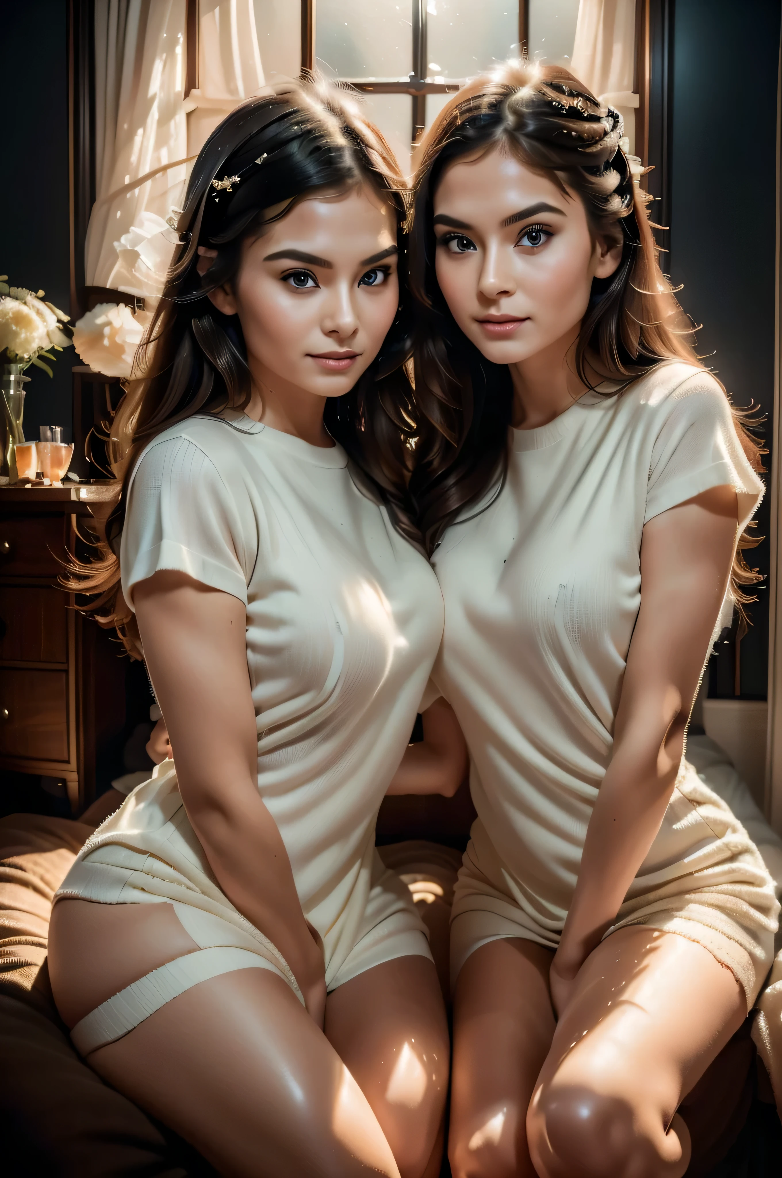 (best quality,4k,8k,highres,masterpiece:1.2),ultra-detailed,(realistic,photorealistic,photo-realistic:1.37),charming,beautiful,celebrity,(latina twins),portrait,charisma,detailed facial features,gorgeous blue eyes,endearing smile,long luscious lashes,perfectly arched brows,twin sisters,striking resemblance,flawless complexion,soft and radiant skin,beautifully styled hair,fashionable attire,elegant dresses,dynamic poses,sisterly bond,artistic illustration,stunning,heavenly light,atmospheric background,subtle and enchanting colors,classic black and white,stylish and sophisticated style,celebrity glamour,vintage vibes,emotional connection,melancholic atmosphere,serene and peaceful setting,ethereal and dreamy aesthetic.