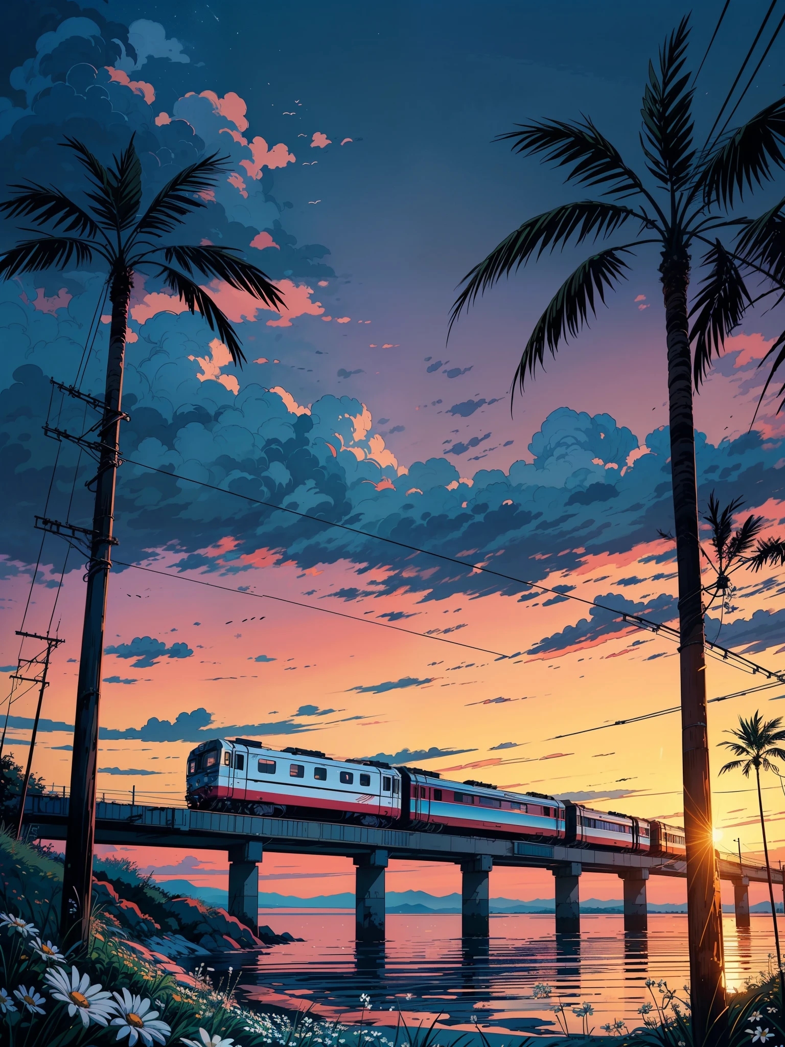 (masterpiece:1), (full anime view:1.5), (train trundles along the coastal tracks:1.6), (Lush palm trees sway in harmony:1.3), silence, (gentle lapping of waves:1.4), (white daisies growing around with long grass:1.2), magnificent sky, (Dim volumetric light:1.4), peaceful, (beautiful sky), (beautiful tones:1.5), (lofi ambience :1.4), (wires and poles: 1.4), (evening scene:1.3), (beautiful aesthetics:1.2), (scattered pink and blue sky:1.2), beautiful tones, subtle colors, peaceful, (illustration: 1.0), epic composition, realistic lighting, HD details, masterpiece, best quality, ,