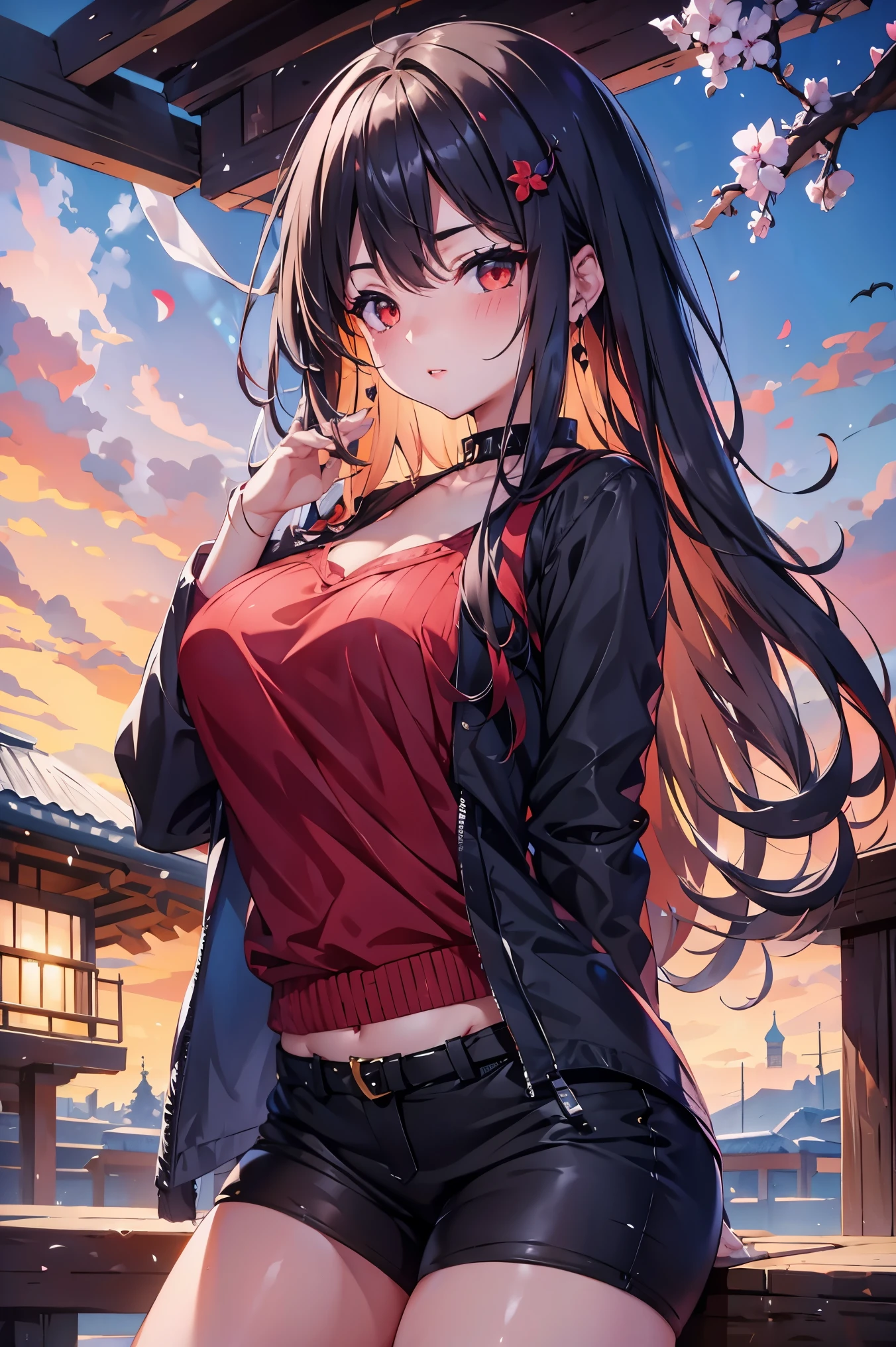 1 female、whole body、bottom angle、brown hair、long hair、well-groomed face、dense lips、red eyes、Blue knitwear、valley、slim、black shorts、cherry blossoms、cherry blossoms snowstorm、petal、hot spring town、old buildingasterpiece、ultra high resolution、delicate、perfect lighting、sunlight、16K