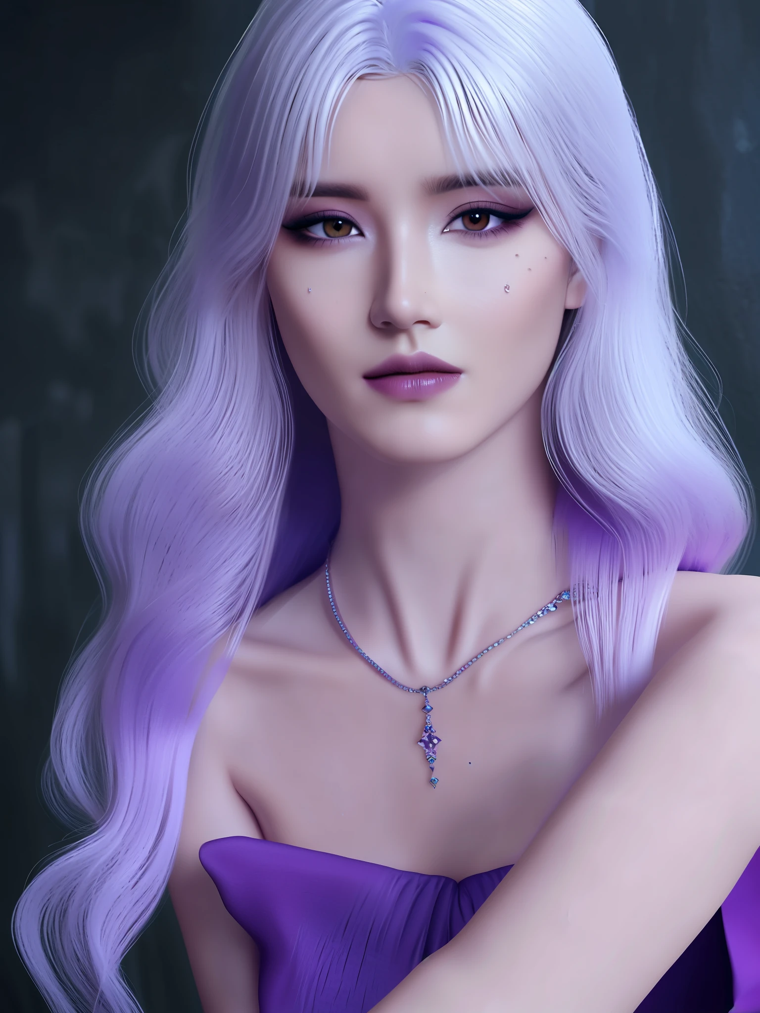 detailed lips, long wavy hair, serpents for hair, pale complexion, mesmerizing gaze, dark and mysterious background, vibrant colors, soft lighting, (hyperrealistic), (illustration), (high resolution), (8K), (extremely detailed), (best illustration), (beautiful detailed eyes), (best quality), (ultra-detailed), (masterpiece), (wallpaper), (photorealistic), (natural light), (detailed face), (high detailed realistic skin texture), (anatomically correct), (solo), (1 girl:1.52), (high detailed realistic hair), (white hair:1.35), (heterochromic eyes), (detailed eyes), (purple eyes:1.37), (sparkling eyes), (realistic big breasts:1.5), (slender abs), (dynamic pose), (closed tiny mouth:1.3), (concentrated expression), (upon body from head to thigh:1.51), (dimple:1.34)