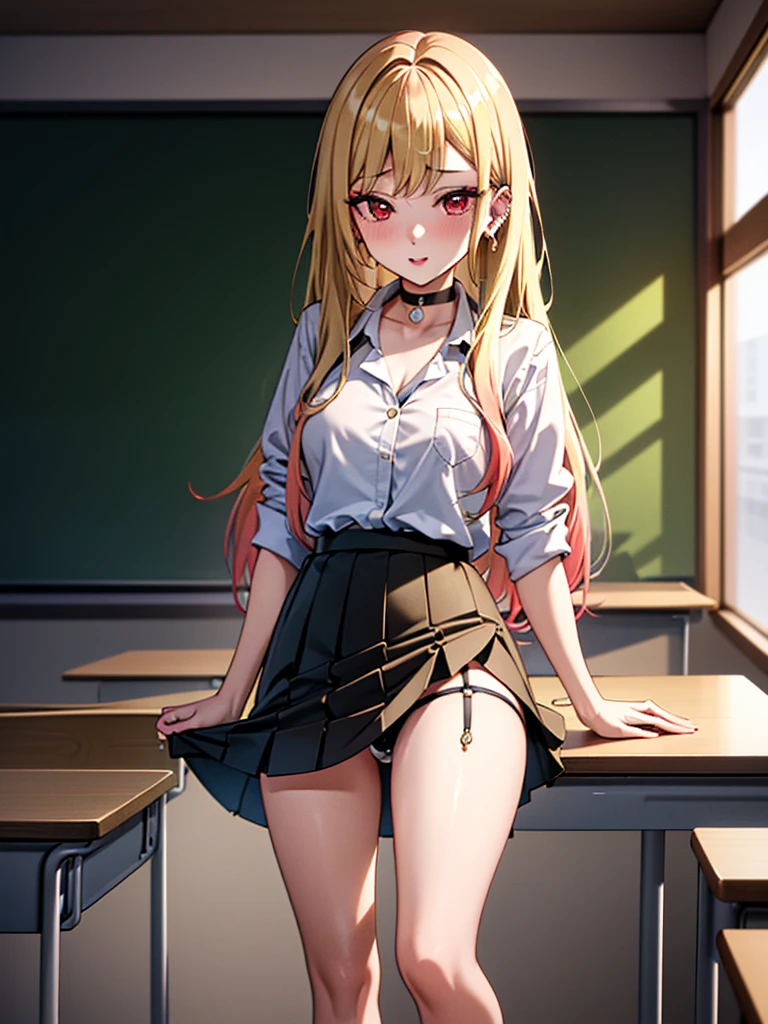 kitagawa marin, Solo, girl, blonde hair, long hair, multicolored hair, red eyes, jewelry, earrings, piercing, black choker, skirt lift:1.2, panty shot, blush:1.2, embarrassing, lust, stand, Bewitching, lure, Shift your gaze, teacher, classroom, female teacher, garter belt, UHD, retina, masterpiece, ccurate, anatomically correct, textured skin, super detail, high details, high quality, best quality, highres, 4K