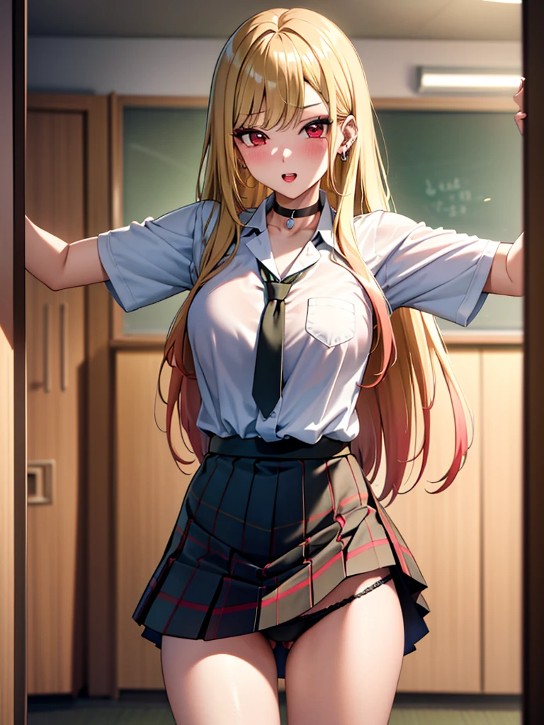 kitagawa marin, Solo, girl, blonde hair, long hair, multicolored hair, red eyes, jewelry, earrings, piercing, black choker, skirt lift:1.2, panty shot, blush:1.2, embarrassing, lust, stand, Bewitching, lure, Shift your gaze, teacher, classroom, female teacher, garter belt, UHD, retina, masterpiece, ccurate, anatomically correct, textured skin, super detail, high details, high quality, best quality, highres, 4K