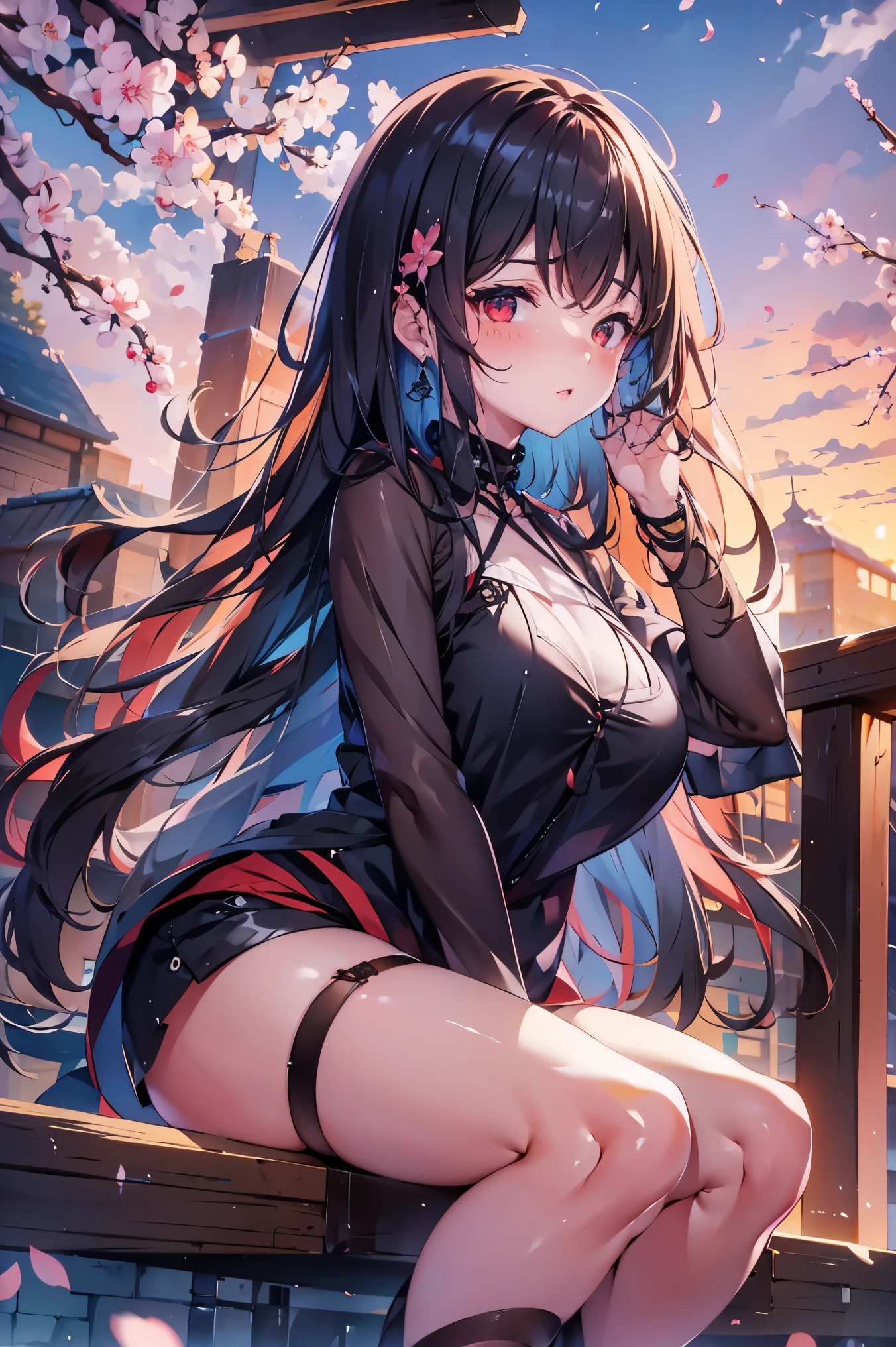 1 female、whole body、bottom angle、brown hair、long hair、well-groomed face、dense lips、red eyes、Blue knitwear、valley、slim、black shorts、cherry blossoms、cherry blossoms snowstorm、petal、hot spring town、old buildingasterpiece、ultra high resolution、delicate、perfect lighting、sunlight、16K