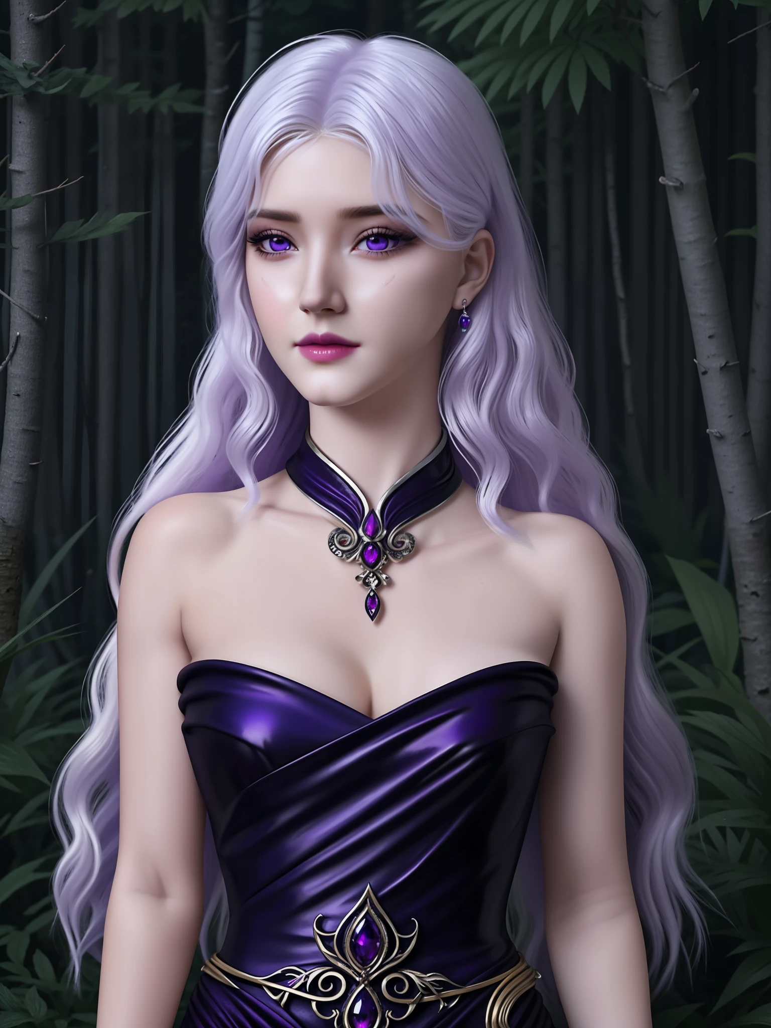 detailed lips, long wavy hair, serpents for hair, pale complexion, mesmerizing gaze, dark and mysterious forest background, vibrant colors, soft lighting, (hyperrealistic), (illustration), (high resolution), (8K), (extremely detailed), (best illustration), (beautiful detailed eyes), (best quality), (ultra-detailed), (masterpiece), (wallpaper), (photorealistic), (natural light), (detailed face), (high detailed realistic skin texture), (anatomically correct), (solo), (1 girl:1.52), (high detailed realistic hair), (white hair:1.35), (heterochromic eyes), (detailed eyes), (purple eyes:1.37), (sparkling eyes), (realistic big breasts:1.53), (slender abs), (dynamic pose), (closed tiny mouth:1.3), (concentrated expression), (upon body from head to thigh:1.51), (dimple:1.34)