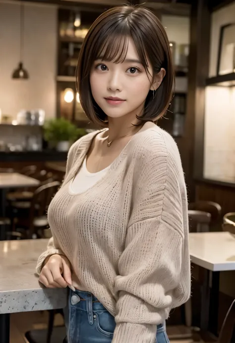 (((Cafe:1.3, indoor, Photographed from the front))), ((medium bob:1.3, pink knit, japanese woman, cute)), (clean, natural makeup...