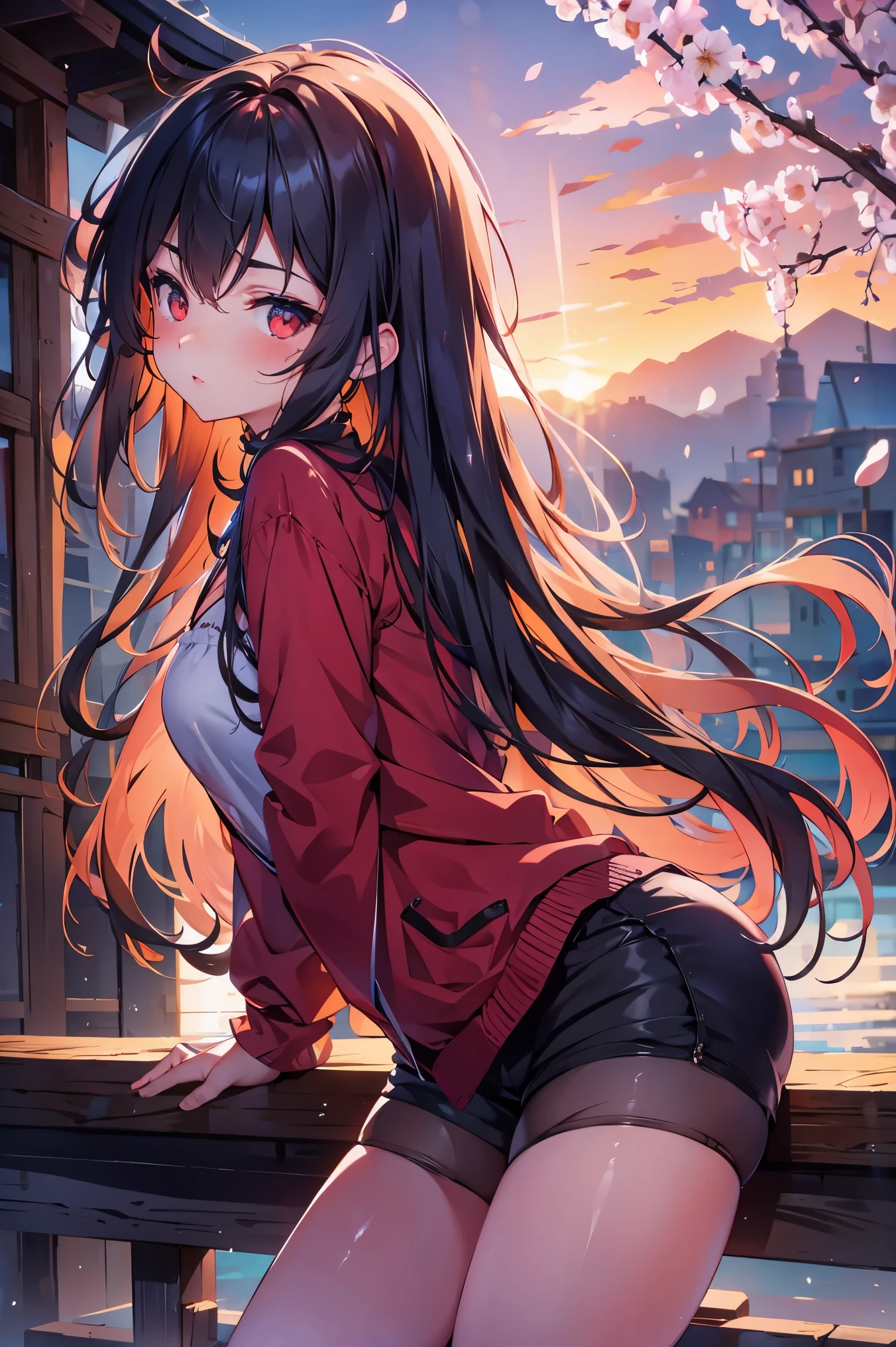 1 female、whole body、bottom angle、brown hair、long hair、well-groomed face、dense lips、red eyes、blue cardigan、valley、slim、black shorts、cherry blossoms、cherry blossoms snowstorm、petal、hot spring town、old buildings、sunset、masterpiece、ultra high resolution、delicate、perfect lighting、sunlight、16K