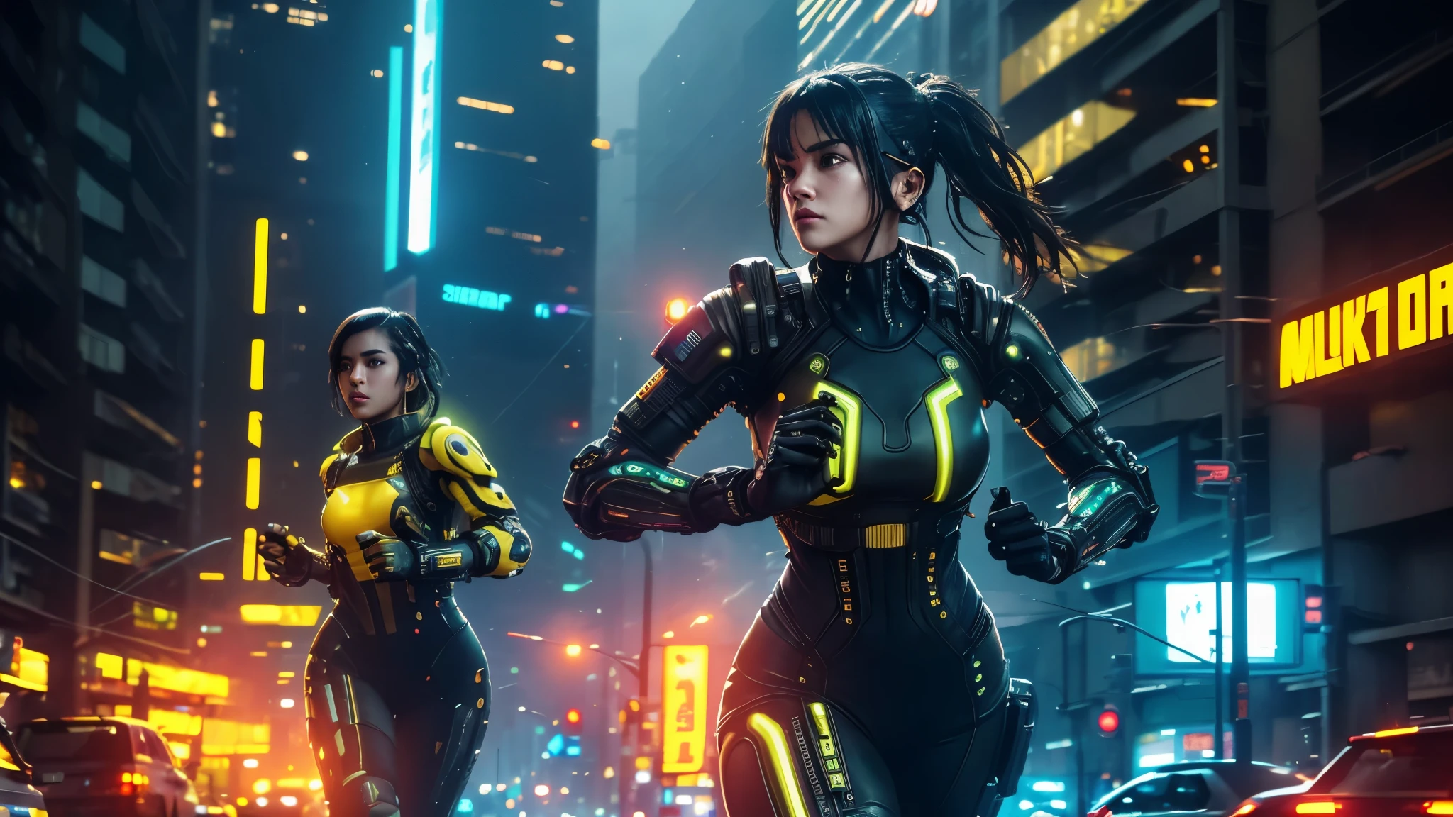 (yellow cyberpunk speed tactical suit:1) (1woman) dark theme :: focus on closeup face, serious face, cibetic visor, :: medium black hair, thick thighs :: ultra realistic futuristic speedster scifi cyberpunk athletic woman, black eyes, ((running in the middle of the street with yellow rays, cyberpunk, shadowrun, scifi high tech cyberpunk)) :: cool cyberpunk yellow speed combat suit :: natural lighting :: bokeh :: 8k ::  best quality :: masterpiece :: insanely detailed:1.5 (lora 1.5)