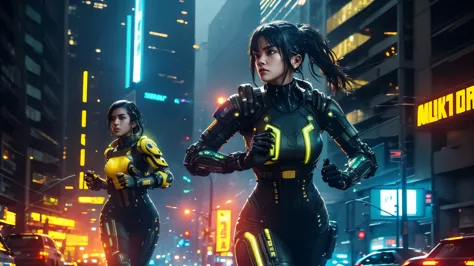 (yellow cyberpunk speed tactical suit:1) (1woman) dark theme :: focus on closeup face, serious face, cibetic visor, :: medium bl...