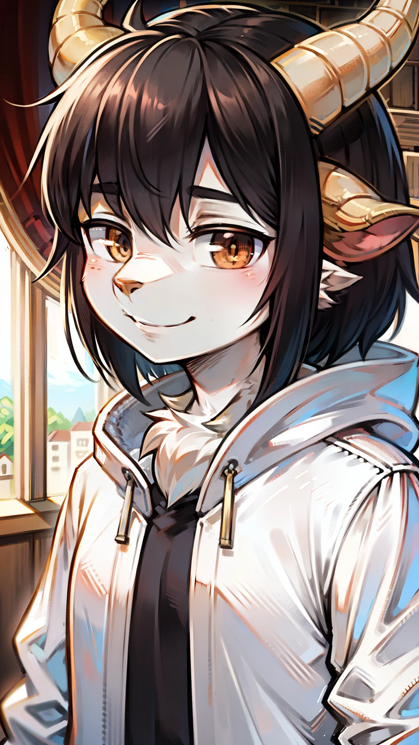 Anime girl with horns and a white jacket standing in front of a window -  SeaArt AI