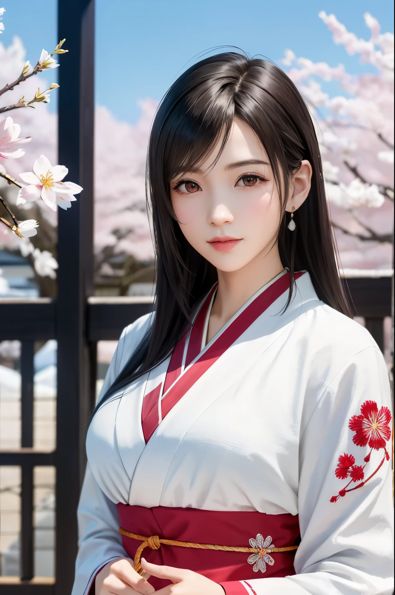 (Top Quality, Masterpiece: 1.1), (Realistic: 1.3), BREAK (((FF7,Tifa_lockhart))),Ultra-detailed face, Detailed red eyes,(black Brown Hair, Large breasts: 1.2), about 18 years old,  (White Japanese Clothing, kimono , Japanese clothes, White cherry blossom pattern, White cherry blossom embroidery pattern), Hair flutters in the wind, Hair jumps, Pink cherry blossom tree, Petals flutter, Sakura blizzard, Superb view, morning glow, Sun in the background, the wind, Deities, tusk, myth, Vast Land, kawaii,(gravure pose:1.2),Wallpapers, ultra high res, ultra high quality,