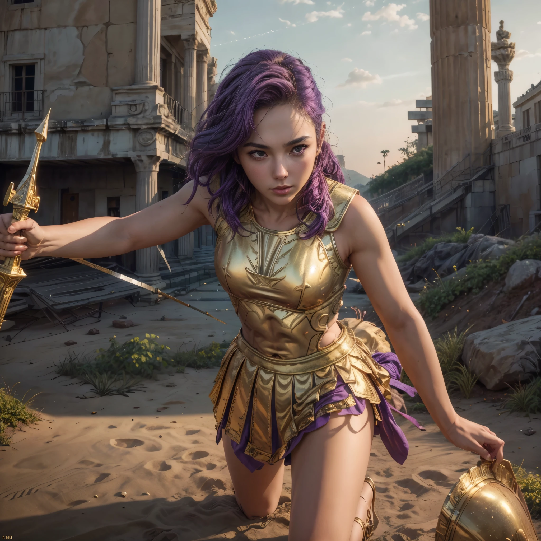 (best quality,4k,8k,highres,masterpiece:1.2),ultra-detailed, 1woman, 1woman, Greek goddess Athena, purple hair, wearing golden hoplite armor with helmet, attacking pose, wielding a sear, looking at the viewer, wise, impressive, seductive eyes, in front of the Parthenon, drawn in the style of Yoshitaka Amano, high res, ultrasharp, 8K, masterpiece, HDR, 8k, absurdres, cinestill 800, sharp focus, add_detail:2

