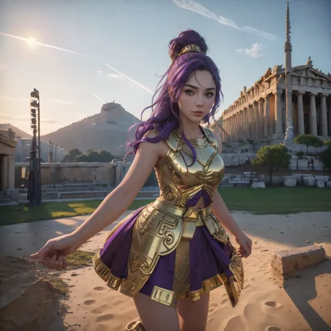 (best quality,4k,8k,highres,masterpiece:1.2),ultra-detailed, 1woman, 1woman, Greek goddess Athena, purple hair, wearing golden h...