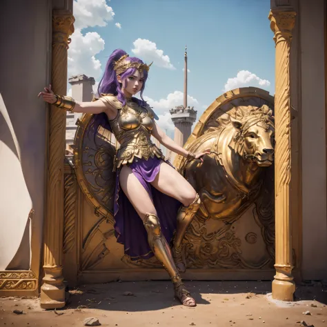 (best quality,4k,8k,highres,masterpiece:1.2),ultra-detailed, 1woman, 1woman, Greek goddess Athena, purple hair, wearing golden h...