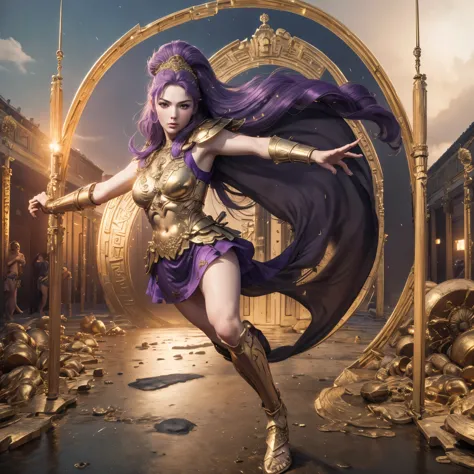 (best quality,4k,8k,highres,masterpiece:1.2),ultra-detailed, 1woman, 1woman, Greek goddess Athena, purple hair, wearing golden h...