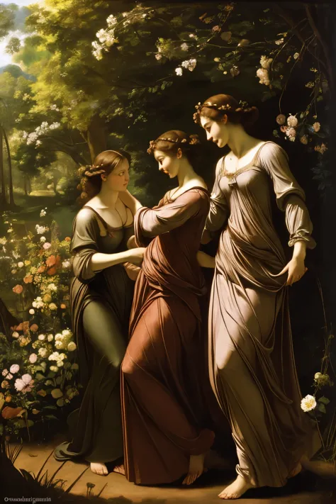 Three Graces by Caravaggio,
3girls dancing together,  gossamer gowns, arms interlaced, beautiful, happy, (forest Grove with flow...