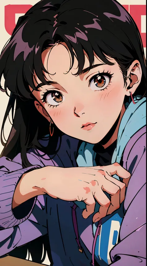 The highest image quality, 90s style anime, 21 year old girl, black hair, long hair, light brown eyes, with a loose hoodie, 90s fashion,  white background, magazine cover, close-up of the face, sitting on a school chair 