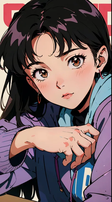 the highest image quality, 90s style anime, 21 year old girl, black hair, long hair, light brown eyes, with a loose hoodie, 90s ...