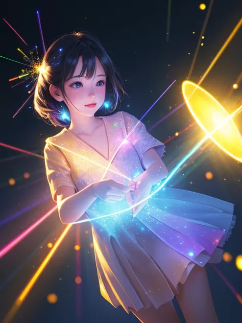 (best quality, masterpiece:1.2),ultra detailed,(photo realistic:1.4),solo,cute girl,(colorful illumination:1.1),light_particles,...