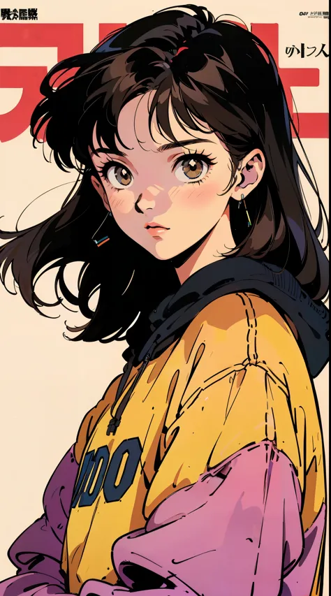The highest image quality, 90s style anime, 21 year old girl, black hair, long hair, light brown eyes, with a loose hoodie, 90s fashion,  white background, (magazine cover), 