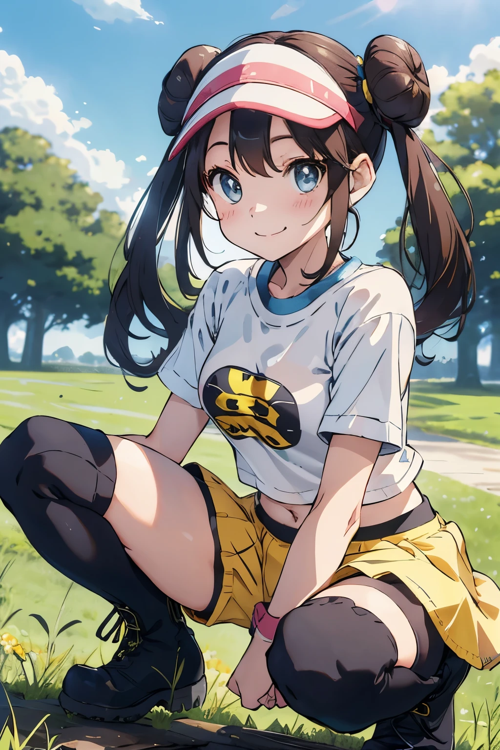 table top、highest quality、High resolution、1 girl、solo、short height、thin legs、belly button、shy smile、tits、dark brown hair、bun hair、blue eyes、long twin tails、visor cap、((black knee socks、boots))、raglan sleeves、white panties、((short yellow shorts))、shirt、pink ribbon、clock、plateau、Overgrown with grass、A photo of the subject taken from below、(Are standing)、sexual pose、squatting down and spreading legs