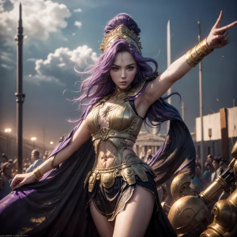 (best quality,4k,8k,highres,masterpiece:1.2),ultra-detailed, 1woman, 1woman, Greek goddess Athena, purple hair, wearing golden h...