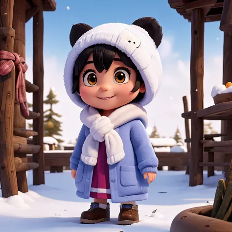 Girl, short black hair, round face, big eyes, panda fluffy hoodie, smile, scarf, winter, park, snowman, white snow, tree, snow cover, panorama, front