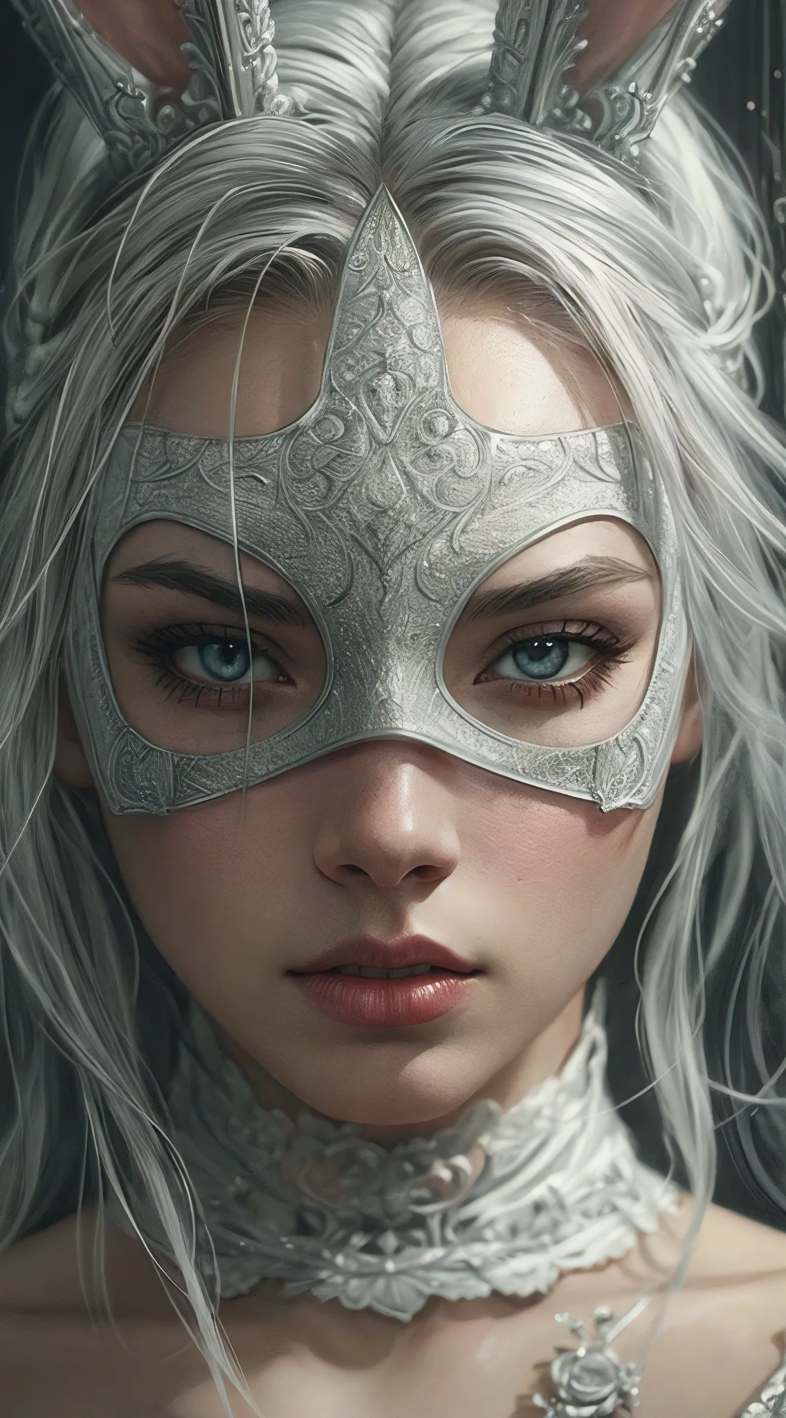 (best quality, masterpiece:1.2), female super villain wearing sad white rabbit mask Stunning hyperdetailed Fantasy Sketch Art, pose, strong facial expression, in the style of Tom bagshaw and Charlie Bowater, Tony Diterlizzi, Gerald brom, Film noir aesthetic, Minimalistic, in the style of artistic darkness