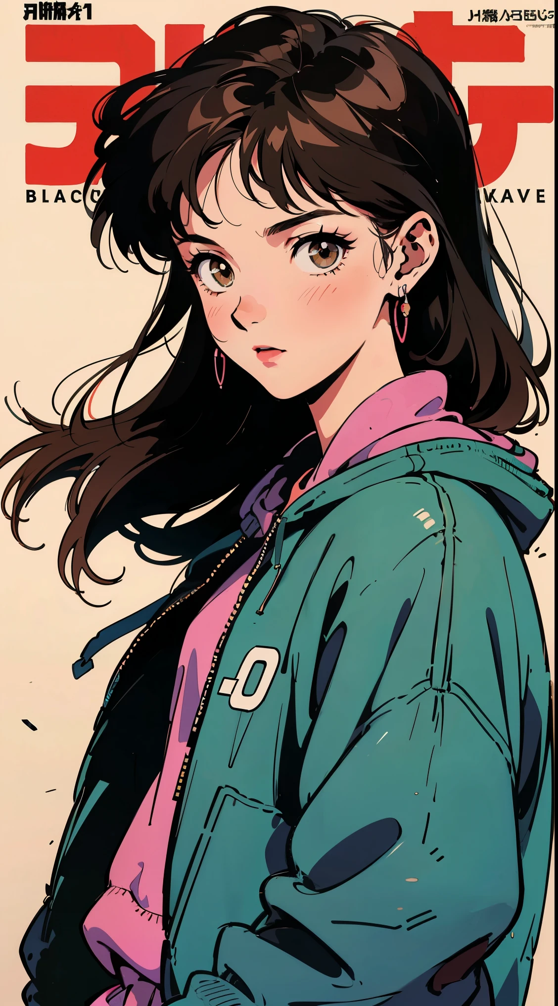 The highest image quality, 90s style anime, 21 year old girl, black hair, long hair, light brown eyes, with a loose hoodie, 90s fashion,  white background, (magazine cover), 