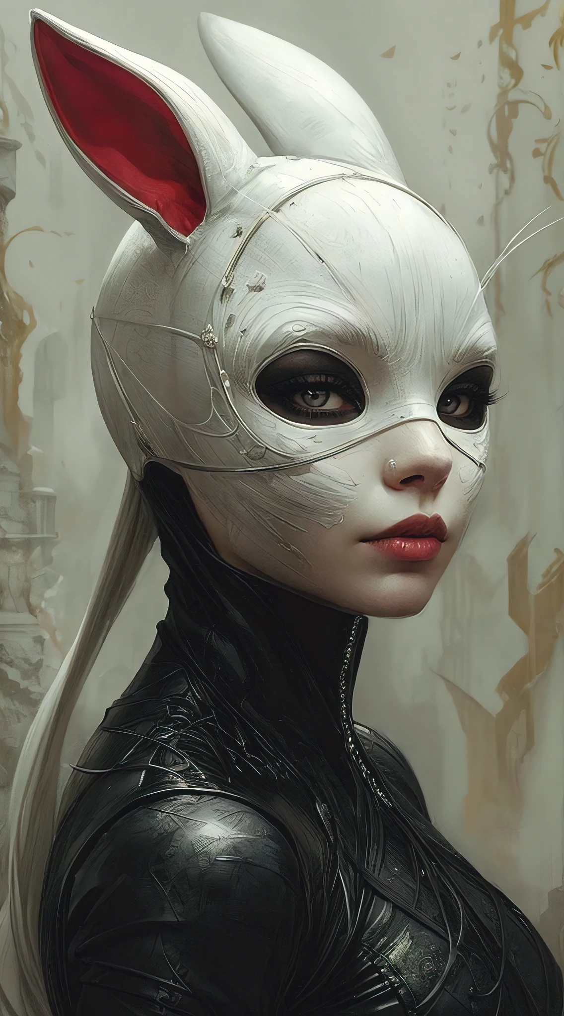 (best quality, masterpiece:1.2), female super villain wearing sad white rabbit mask Stunning hyperdetailed Fantasy Sketch Art, pose, strong facial expression, in the style of Tom bagshaw and Charlie Bowater, Tony Diterlizzi, Gerald brom, Film noir aesthetic, Minimalistic, in the style of artistic darkness