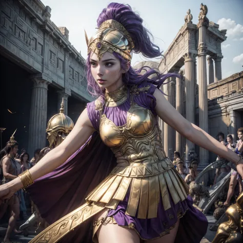 (best quality,4k,8k,highres,masterpiece:1.2),ultra-detailed, 1woman, 1woman, greek goddess athena, purple hair, wearing golden h...