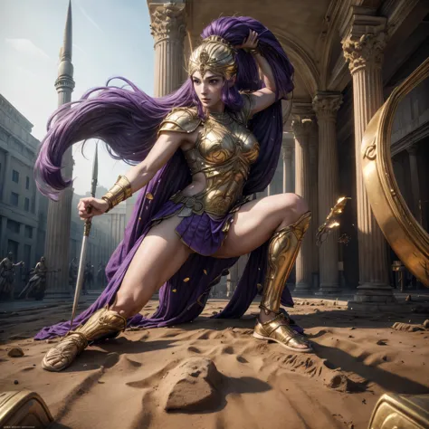 (best quality,4k,8k,highres,masterpiece:1.2),ultra-detailed, 1woman, 1woman, Greek goddess Athena, purple hair, wearing golden h...