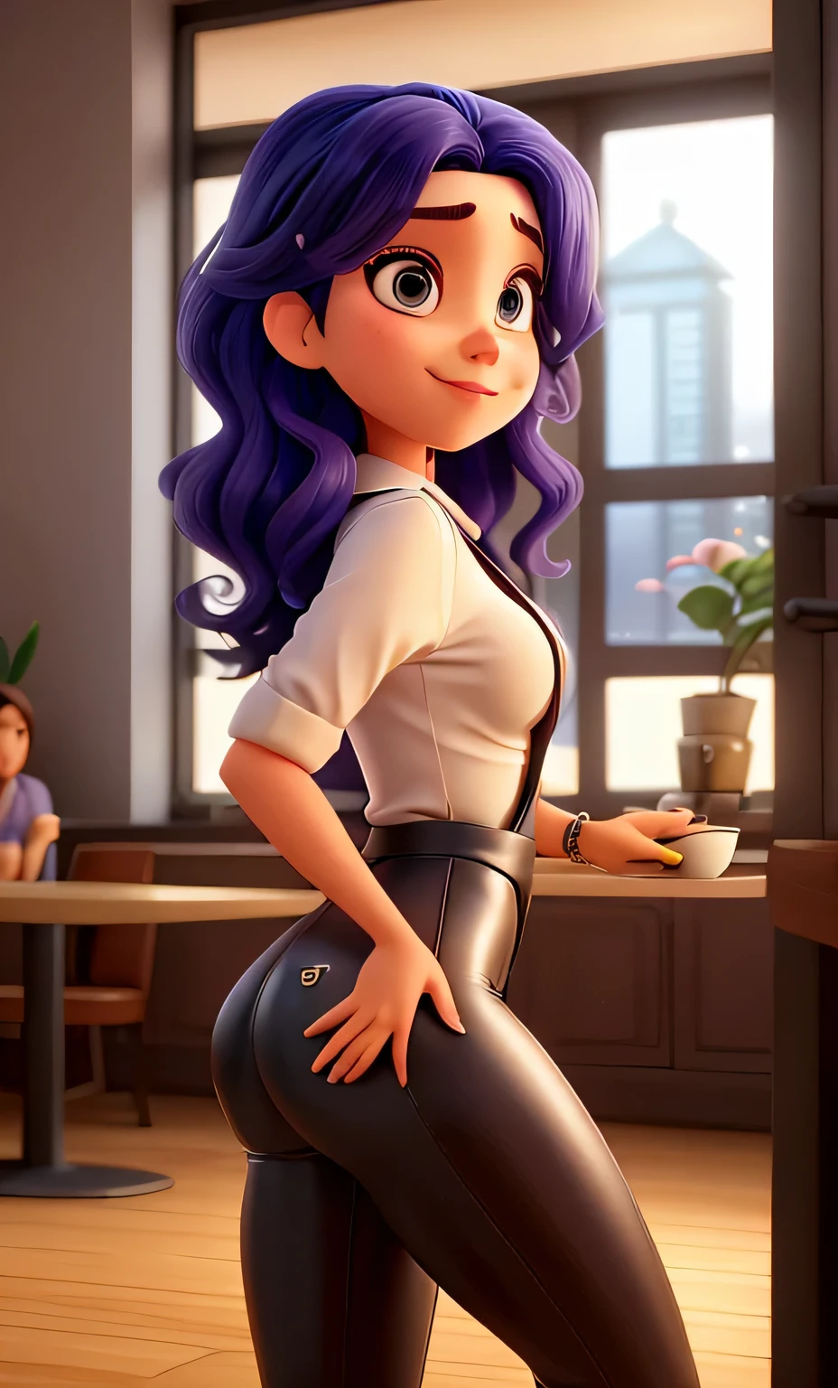 A Pixar mom working at a cafe as a barista, relaxando apenas com um avental e cabelo preto, inventar, an obscene facial expression, wearing your latex outfit, parecendo sexy, quadris largos, bunda incrivelmente grande e gorda, seios suculentos, em um quarto vermelho, escrava sexual, unbelievable sex, holding a coffee, cinematic light, Luz suave, Hiur Dourado