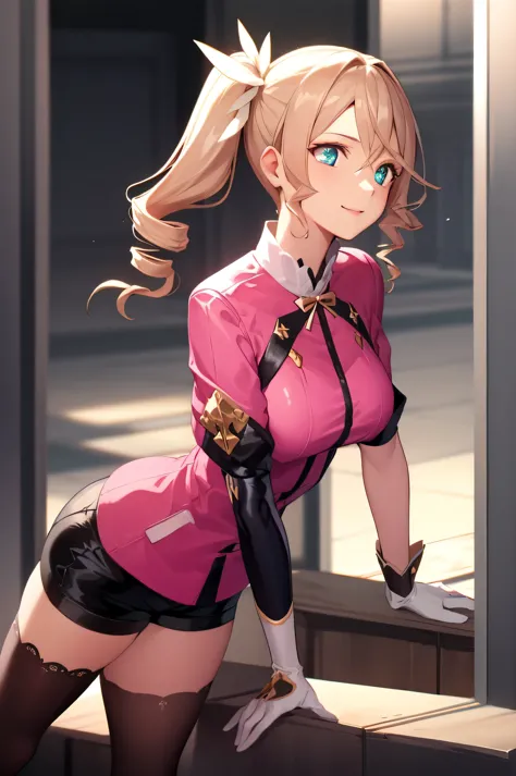 alishadef,side ponytail, drill hair, smile,
break (pink shirt, shorts, thighhighs:1.2), break (arms behind back:1.2)
break (mast...