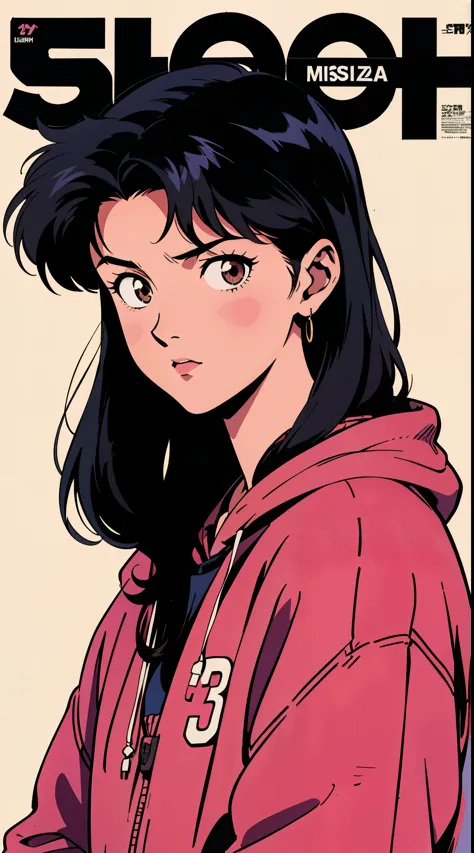 The highest image quality, 90s style anime, 21 year old girl, Misato Katsuragi style, black hair, long hair, light brown eyes, with a loose hoodie, 90s fashion,  white background, (magazine cover), 