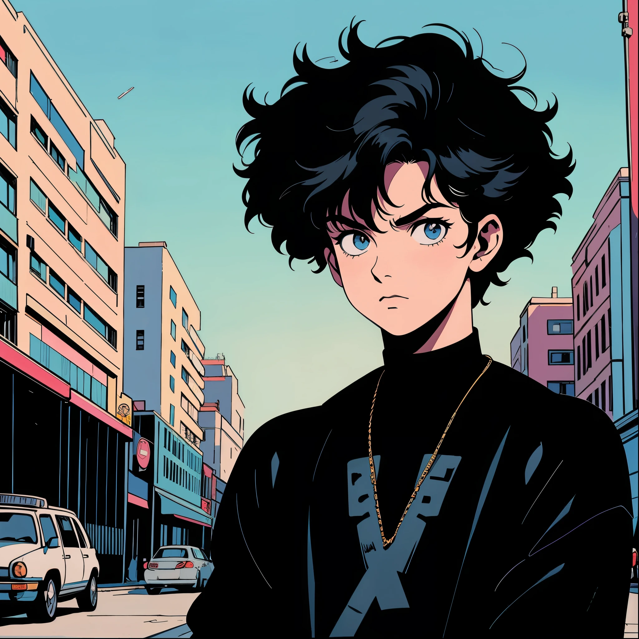 anime 80s, gothic boy 18 years old, black hair, wavy hair , short hair, rocker, Joy Division band shirt, 80s, 90s, Boy standing, aesthetics, praise, rock n roll boy, light skin, curly hair black, 1 boy, in the background big city with snow, standing on the street, cars and buildings in the background 