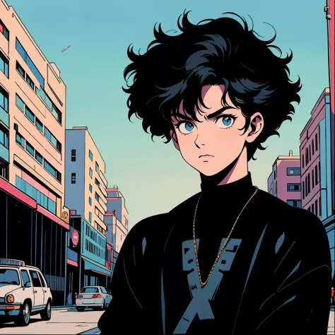 anime 80s, gothic boy 18 years old, black hair, wavy hair , short hair, rocker, Joy Division band shirt, 80s, 90s, Boy standing,...