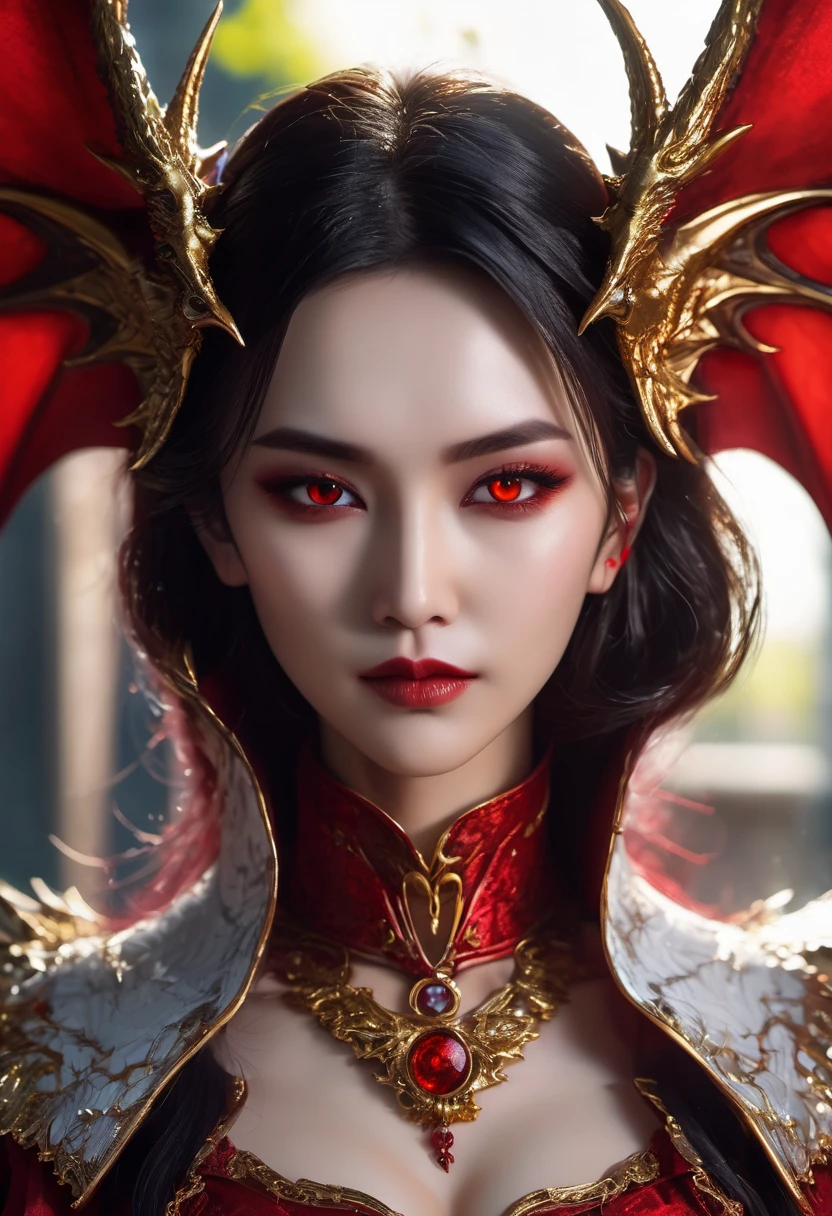 Vampire duc man, gold eyes, assassin clothes, dragon wings, blood sculpture of her mother, blood magic, ultra detailled, portrait, vibrant color, realistic
