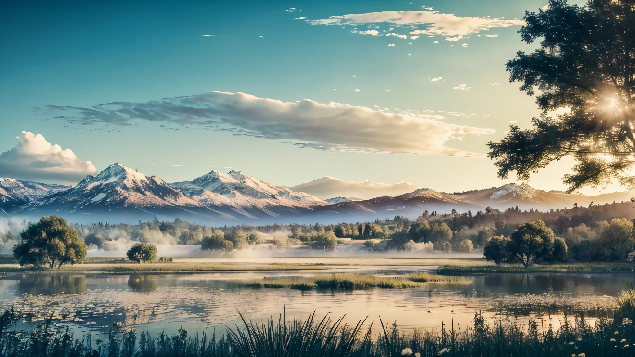 obra maestra, Imagine un paisaje panorámico donde un vibrante río azul serpentea a través de un valle verde., enmarcado por exuberantes campos verdes y diversos árboles. La vida silvestre deambula libremente, añadiendo vida a esta tranquila escena bajo un cielo iluminado por el sol salpicado de suaves nubes blancas. A lo lejos se alzan imponentes montañas, sus majestuosas siluetas contra el horizonte. Arriba, los pájaros se deslizan con gracia, mejorar el sentido de y la pureza. Cada elemento se combina para formar un paraíso en la tierra., representado con impresionante realismo y atención al detalle, desde el juego de luces sobre el agua hasta las delicadas texturas de la flora y las variadas tonalidades del paisaje. 16k, resolución ultraalta.Fotorrealista, HD, Gran angular, profundidad de campo, CRUDO