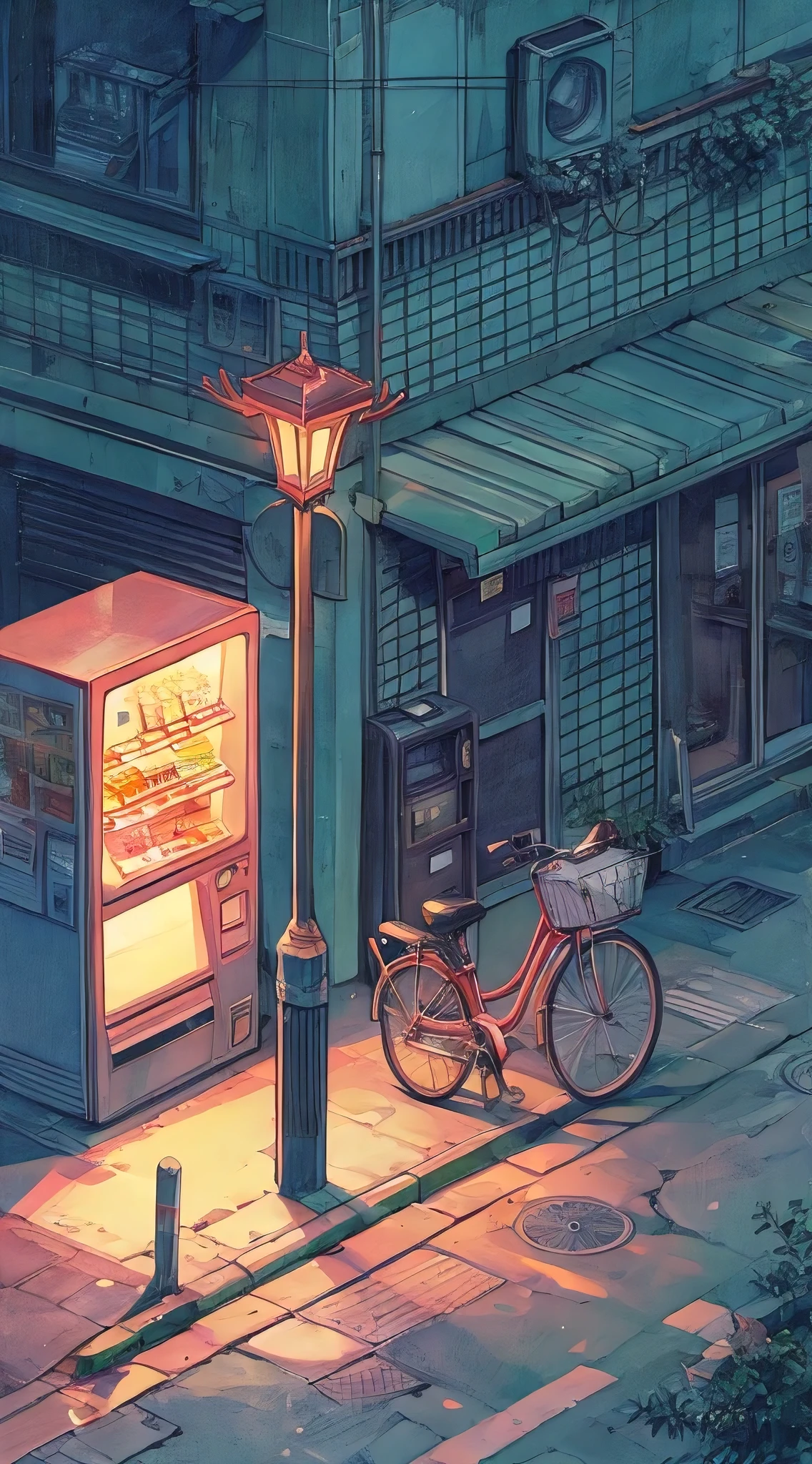 (Лучшее качество, шедевр:1.2), Лоу-фай изометрическая иллюстрация угловой улицы, уличный фонарь, торговый автомат, припаркованный велосипед