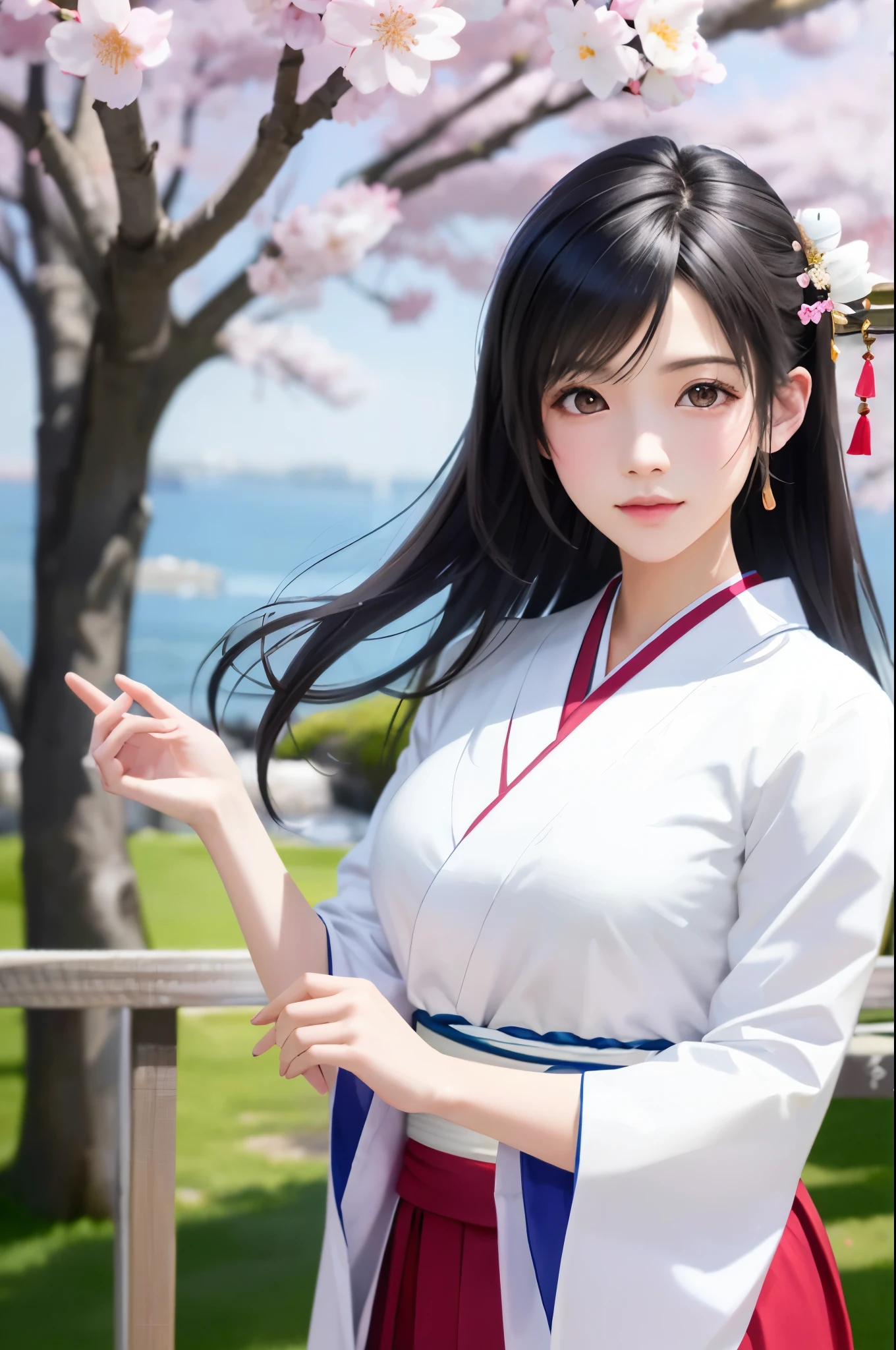 (Top Quality, Masterpiece: 1.1), (Realistic: 1.3), BREAK (((FF7,Tifa_lockhart))),Ultra-detailed face, Detailed red eyes,(black Brown Hair, Large breasts: 1.2), about 18 years old,  (White Japanese Clothing, kimono , Japanese clothes, White cherry blossom pattern, White cherry blossom embroidery pattern, A dark-haired, Beautiful face, Real Face, Beautiful detail eyes, Beautiful skin), Hair flutters in the wind, Hair jumps, Pink cherry blossom tree, Petals flutter, Sakura blizzard, Superb view, morning glow, Sun in the background, the wind, Deities, tusk, myth, Vast Land, kawaii,(cool pose:1.2),Wallpapers, ultra high res, ultra high quality, face focus:1.2