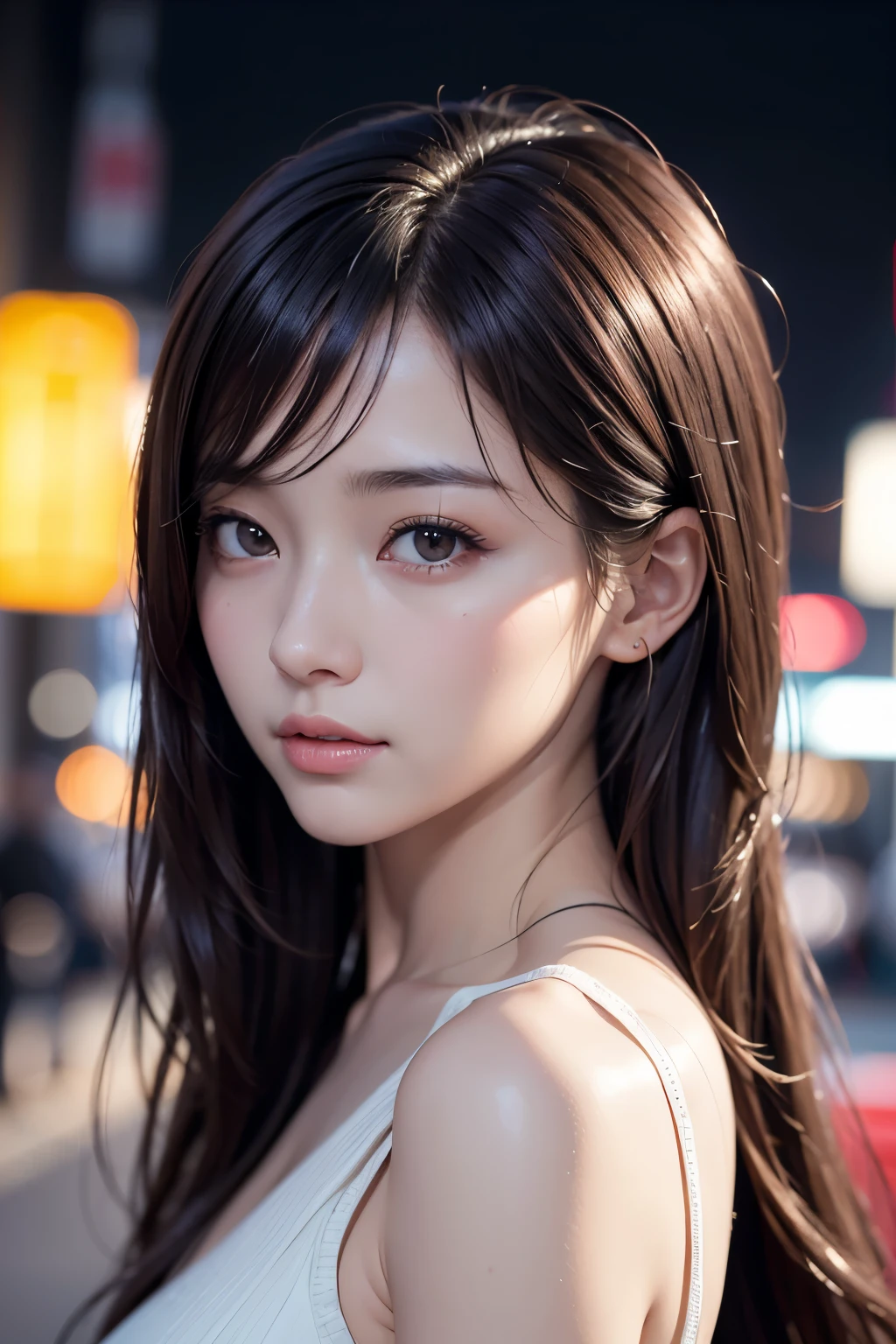 masterpiece, 1 beautiful girl, detailed, Swollen eyes, highest quality, 超High resolution, (reality: 1.4), original photo, 1 girl, movie lighting, (laughter,:0.5) Japanese, Asian Beauty, Korean, Proper, very very beautiful, a little young face, beautiful skin, thin, cyberpunk background, (Ultra-realistic), (enlightenment), (High resolution), (8K), (Very detailed), (Beautifully detailed eyes with the best enlightenmentns), (Super detailed), (wall-), (detailed face), looking at the viewer, Detailed, Detailed face、deep shadow、Inconspicuous、Pure erotic face ace_v1、46 points with diagonal straight.　Galconu Lookmaid,、black eyes、