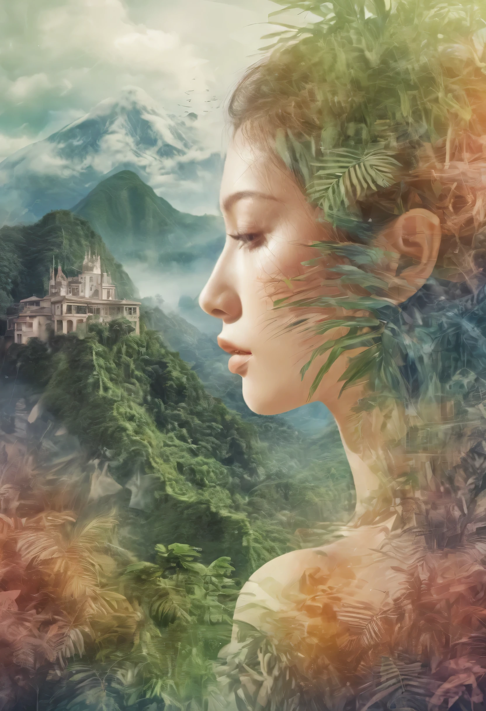 Dubrec style，Beautiful close-up of face，Jungle mountains image foreground，（multiple exposure：1.8），Complex illustrations in surreal art style，The surreal dream is so shocking 32k