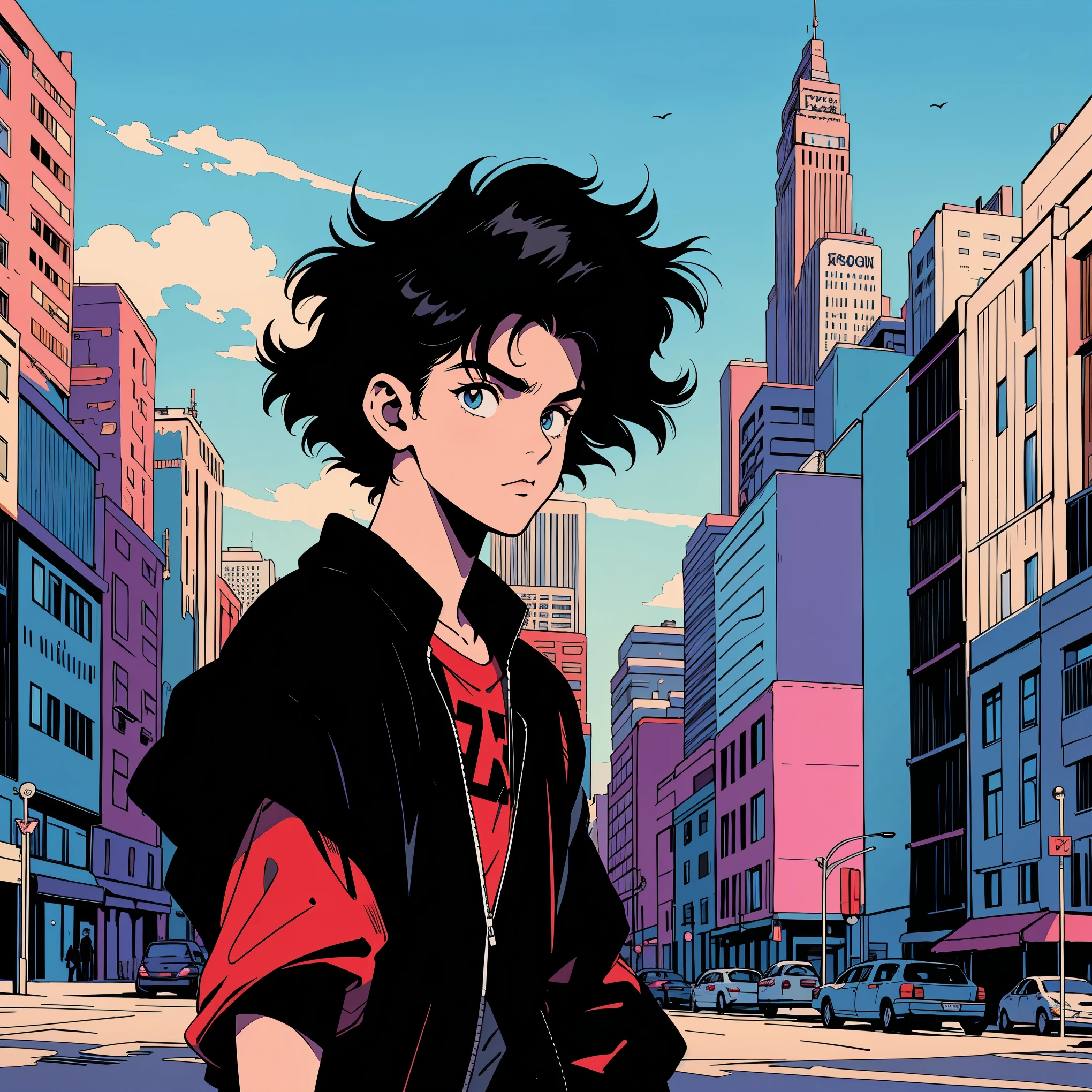 anime 80s, 1 goth boy, black hair, wavy hair, short hair, rocker, band shirt, 80s, 90s, boy standing, aesthetic, praise, rock'n'roll boy, light skin, hair black curly hair, 1 boy, in the background big city with snow, standing on the street, cars and buildings in the background  