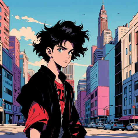 anime 80s, 18 year old goth boy, black hair, wavy hair, short hair, rocker, band shirt, 80s, 90s, boy standing, aesthetic, prais...