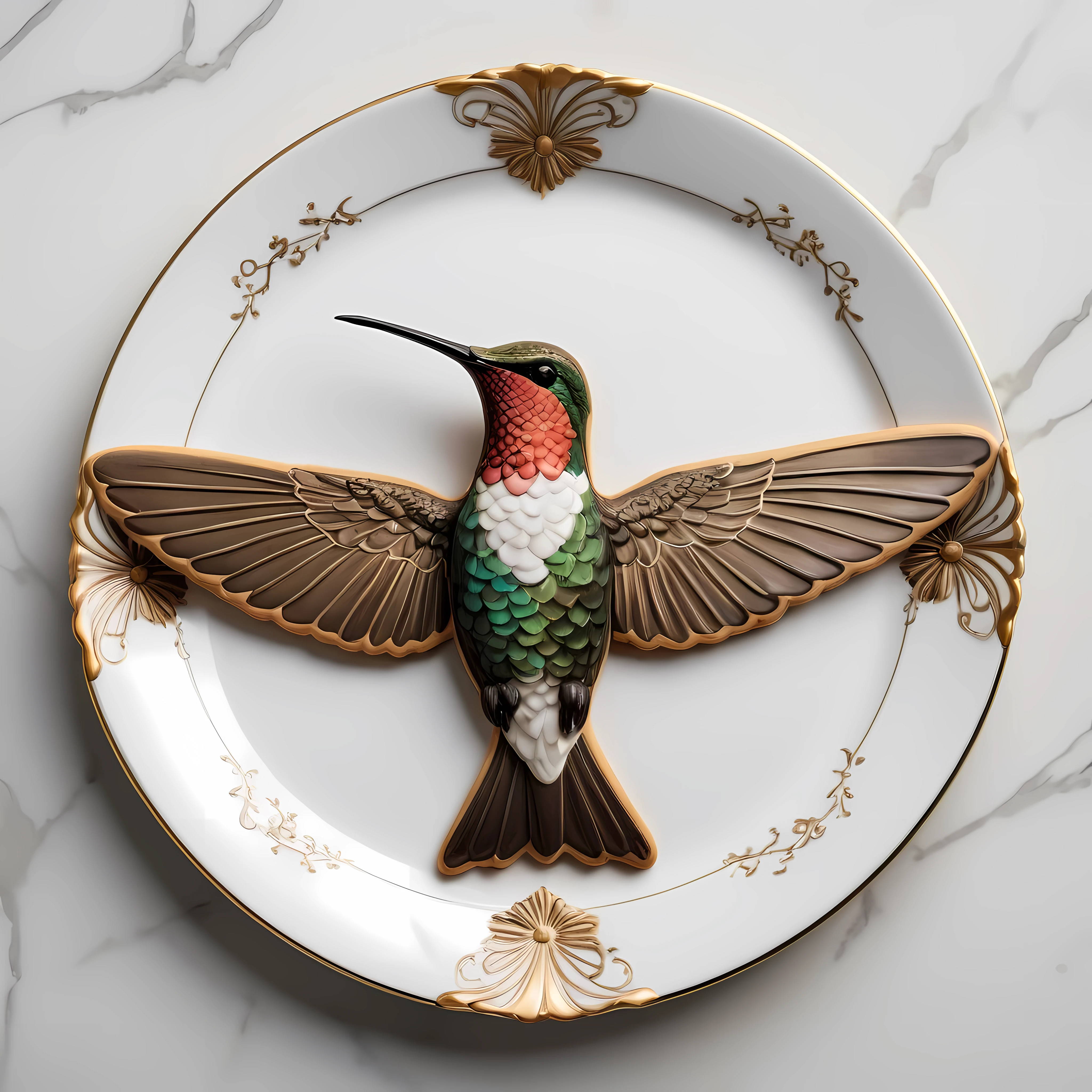 Masterpiece in maximum 16K resolution, superb quality, close up of an elegant decorative plate with a giant (hummingbird-shaped cookie), the plate is made of finest porcelain and has otherworldly eerie design, and positioned on an empty white table with gothic patterns, delicate, dimly lit. | ((More_Detail))
