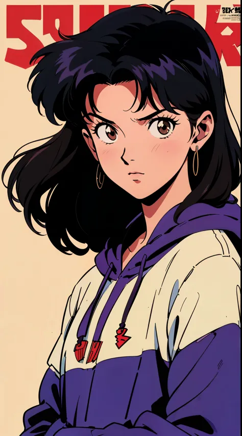 Highest image quality, 90s style anime, 21 year old girl, Misato Katsuragi Style, black hair, long hair, Light brown eyes, with a loose hoodie, 90s fashion, white background, (magazine cover),  