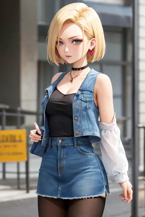 best quality, highres, and18, 1girl, android 18, solo, blonde hair, blue eyes, short hair, earrings, jewelry, denim vest, open v...