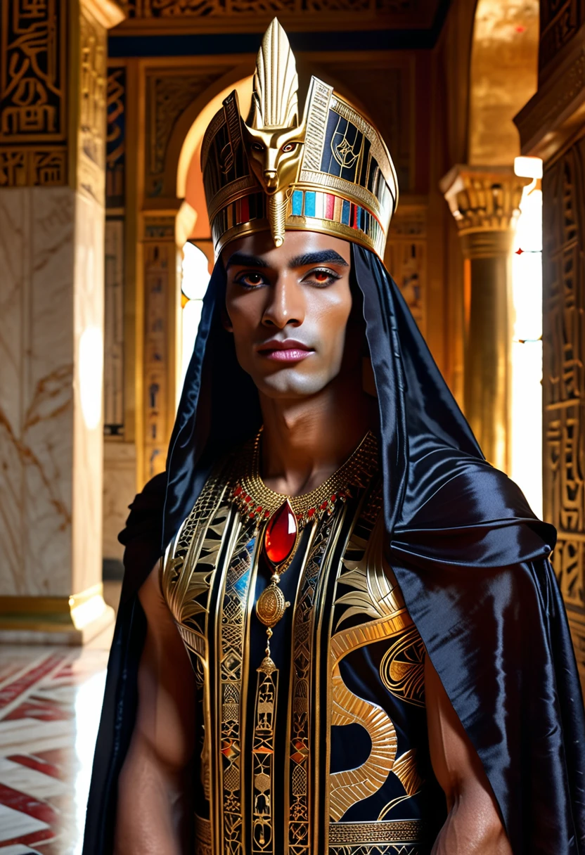 (best quality,4k,8k,highres,masterpiece:1.2),ultra-detailed,(realistic,photorealistic,photo-realistic:1.37),gay,vampire,egyptian pharaoh,tall and elegant vampire king,wearing a luxurious golden headdress and black cape,dark and mysterious eyes with a hint of red,sharp fangs,standing in a grand Egyptian palace,adorned with intricate hieroglyphics and ornate pillars,glowing moonlight shining through stained glass windows,casting ethereal shadows on the marble floor,subtle hints of ancient Egyptian symbolism,soft golden light illuminating the vampire king,powerful aura surrounding him,commanding the attention of all who see him,fierce and proud expression,ready to conquer the world with his immortal power