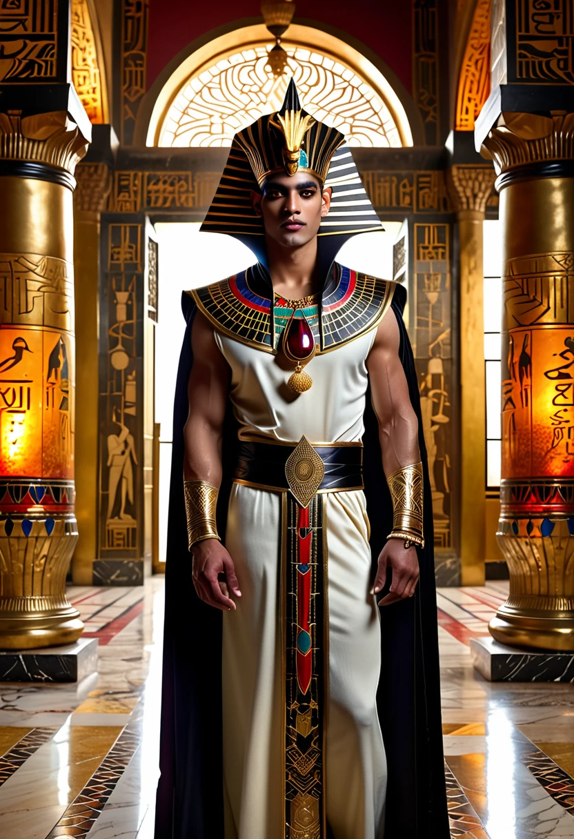 (best quality,4k,8k,highres,masterpiece:1.2),ultra-detailed,(realistic,photorealistic,photo-realistic:1.37),gay,vampire,egyptian pharaoh,tall and elegant vampire king,wearing a luxurious golden headdress and black cape,dark and mysterious eyes with a hint of red,sharp fangs,standing in a grand Egyptian palace,adorned with intricate hieroglyphics and ornate pillars,glowing moonlight shining through stained glass windows,casting ethereal shadows on the marble floor,subtle hints of ancient Egyptian symbolism,soft golden light illuminating the vampire king,powerful aura surrounding him,commanding the attention of all who see him,fierce and proud expression,ready to conquer the world with his immortal power